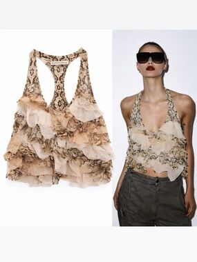 Zara Snakeskin Print Ruffle Tiered Halter Top Size S NWT ❤️
